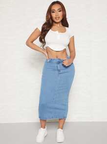 SHEIN SXY Váy denim nữ Túi Chia màu trơn - Rửa nhẹ - Xem 4