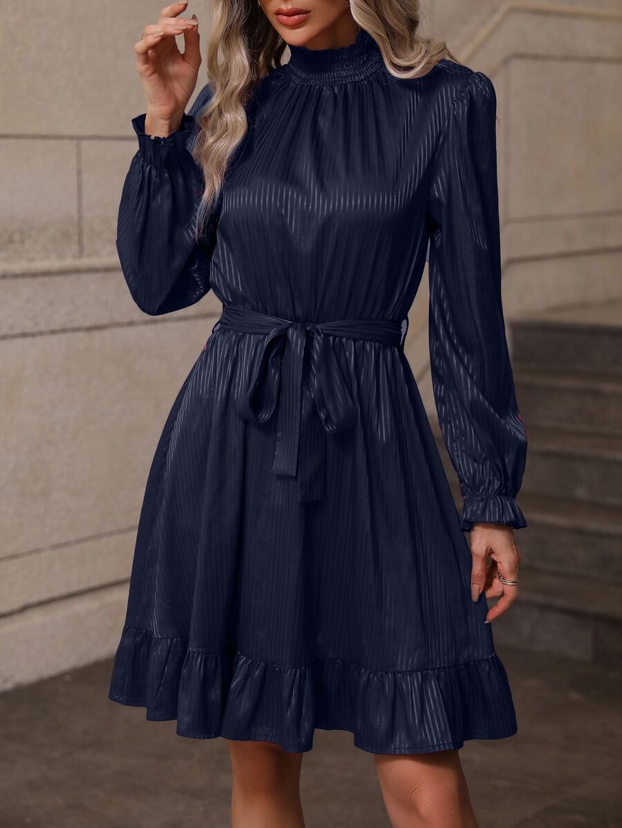 SHEIN Clasi Vestido con cinturón con fruncido de cuello alto bajo con fruncido - Azul Marino - Ver 1