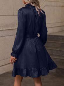 SHEIN Clasi Vestido con cinturón con fruncido de cuello alto bajo con fruncido - Azul Marino - Ver 2