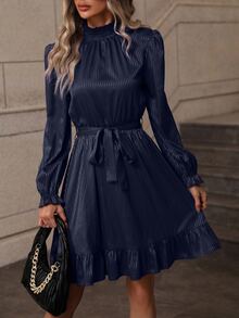 SHEIN Clasi Vestido con cinturón con fruncido de cuello alto bajo con fruncido - Azul Marino - Ver 3