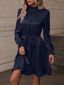 SHEIN Clasi Vestido con cinturón con fruncido de cuello alto bajo con fruncido - Azul Marino - Ver 4