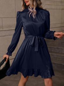 SHEIN Clasi Vestido con cinturón con fruncido de cuello alto bajo con fruncido - Azul Marino - Ver 6