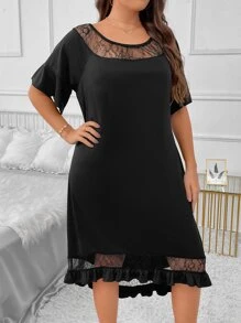 SHEIN LUNE Vestido con encaje en contraste bajo con fruncido - Negro - Ver 4