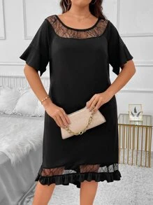 SHEIN LUNE Vestido con encaje en contraste bajo con fruncido - Negro - Ver 6