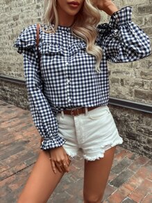SHEIN Frenchy 格子圖案荷葉邊荷葉袖前排扣襯衫 - 彩色 - 查看 1