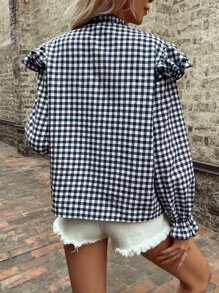 SHEIN Frenchy 格子圖案荷葉邊荷葉袖前排扣襯衫 - 彩色 - 查看 2