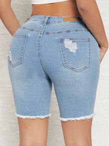 SHEIN SXY Ripped Raw Hem Denim Shorts - Light Wash - View 2