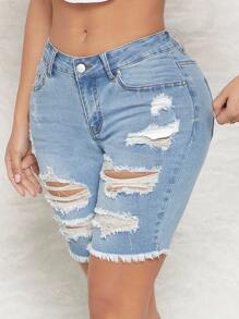 SHEIN SXY Ripped Raw Hem Denim Shorts - Light Wash - View 4
