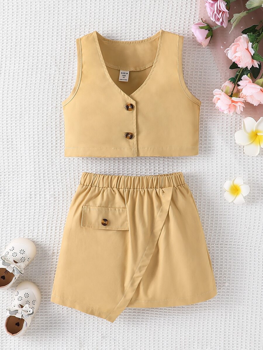 Toddler Girls Button Front Vest Jacket & Flap Detail Skirt - Khaki - View 1