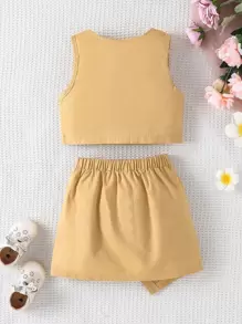 Toddler Girls Button Front Vest Jacket & Flap Detail Skirt - Khaki - View 2