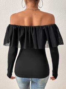 SHEIN Privé Off Shoulder Ruffle Trim Tee - Black - View 2