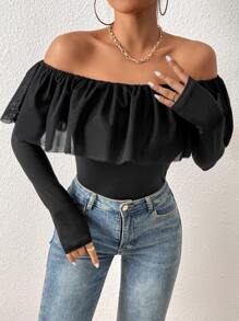 SHEIN Privé Off Shoulder Ruffle Trim Tee - Black - View 4