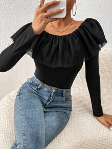 SHEIN Privé Off Shoulder Ruffle Trim Tee - Black - View 5