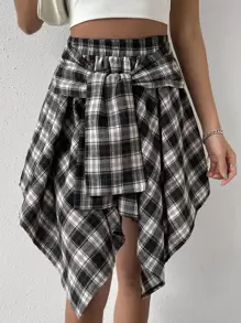 SHEIN Unity Plaid Print Knot Front Asymmetrical Hem Skirt - Dark Grey - View 1