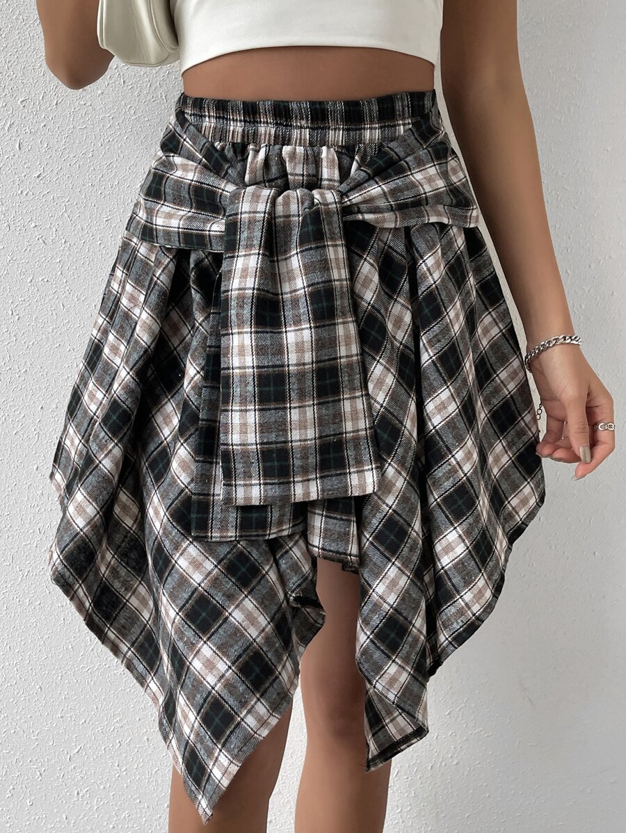 SHEIN Unity Plaid Print Knot Front Asymmetrical Hem Skirt - Dark Grey - View 1