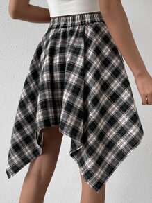 SHEIN Unity Plaid Print Knot Front Asymmetrical Hem Skirt - Dark Grey - View 2
