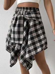 SHEIN Unity Plaid Print Knot Front Asymmetrical Hem Skirt - Dark Grey - View 4