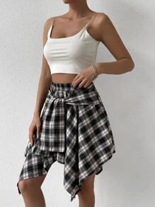 SHEIN Unity Plaid Print Knot Front Asymmetrical Hem Skirt - Dark Grey - View 5