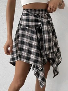 SHEIN Unity Plaid Print Knot Front Asymmetrical Hem Skirt - Dark Grey - View 6
