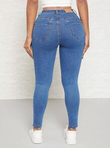 SHEIN SXY Patched Detail Zip Fly Skinny Jeans - Medium Wash - View 2