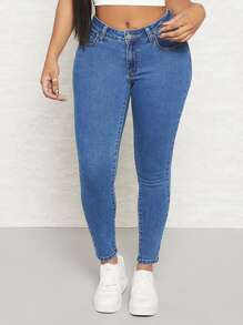 SHEIN SXY Patched Detail Zip Fly Skinny Jeans - Medium Wash - View 3