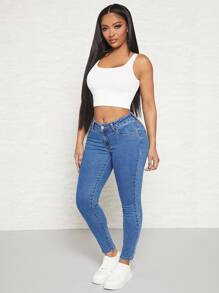 SHEIN SXY Patched Detail Zip Fly Skinny Jeans - Medium Wash - View 4