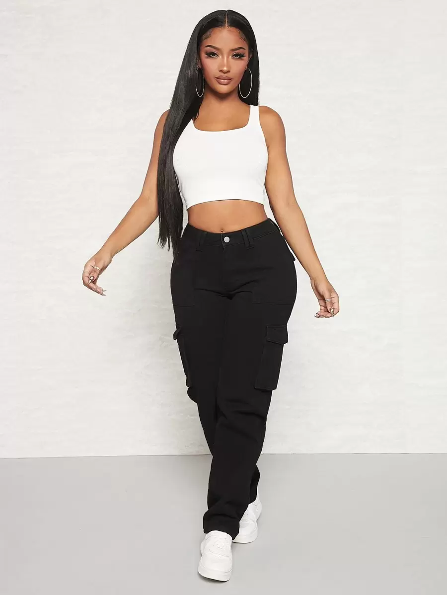 SHEIN SXY Jeans cargo con bolsillo lateral con solapa - Negro - Ver 1