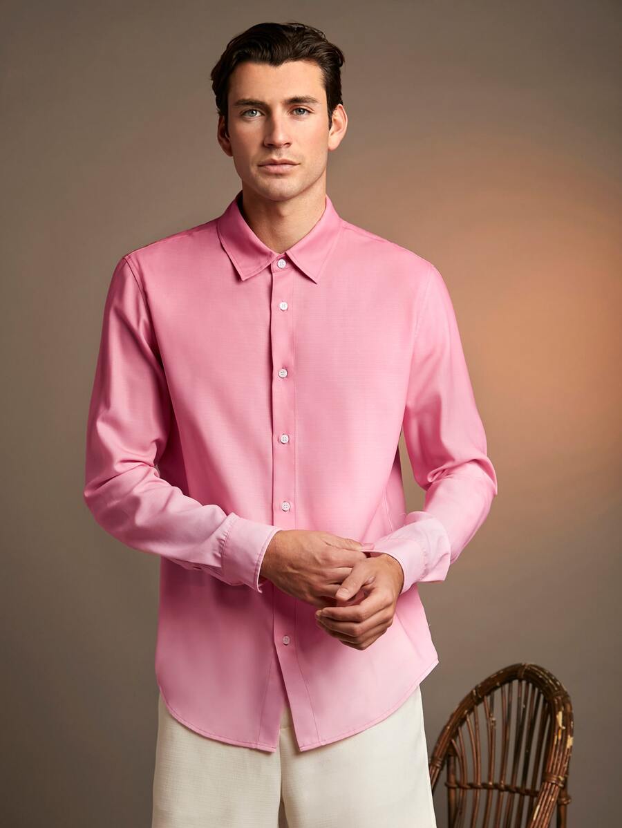 Manfinity Men Solid Button Front Shirt - Pink - View 1