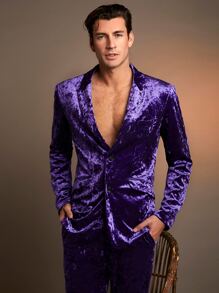 Manfinity Men Single Breasted Velvet Blazer - Violet Purple - View 1