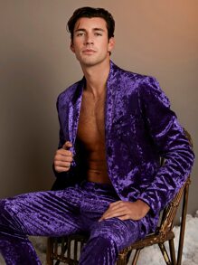 Manfinity Men Single Breasted Velvet Blazer - Violet Purple - View 4