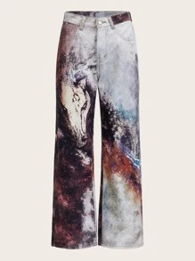 Graphic Print Wide Leg Jeans - Multicolor - View 1