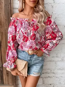 SHEIN VCAY Floral Print Off Shoulder Flounce Sleeve Ruffle Trim Blouse - Pink - View 5