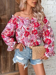 SHEIN VCAY Floral Print Off Shoulder Flounce Sleeve Ruffle Trim Blouse - Pink - View 3