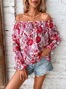 SHEIN VCAY Floral Print Off Shoulder Flounce Sleeve Ruffle Trim Blouse - Pink - View 6