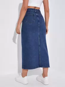 SHEIN EZwear Váy denim nữ Nút Túi Chia Dây kéo màu trơn - Rửa tối - Xem 2