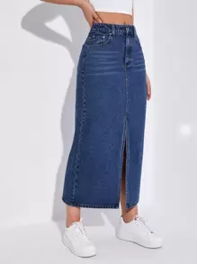 SHEIN EZwear Váy denim nữ Nút Túi Chia Dây kéo màu trơn - Rửa tối - Xem 4