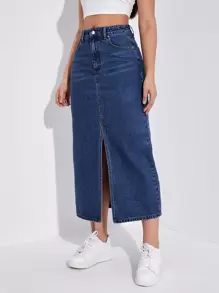 SHEIN EZwear Váy denim nữ Nút Túi Chia Dây kéo màu trơn - Rửa tối - Xem 5