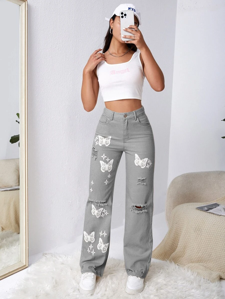 SHEIN EZwear Bleach Wash Ripped Detail Butterfly Jeans - Grey - View 1
