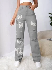 SHEIN EZwear Bleach Wash Ripped Detail Butterfly Jeans - Grey - View 6
