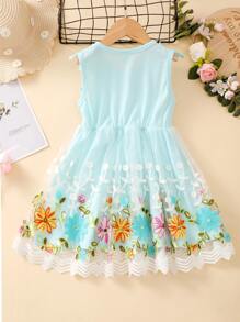 Niñitas Vestido con bordado floral panel con malla ribete con fruncido - Celeste - Ver 2