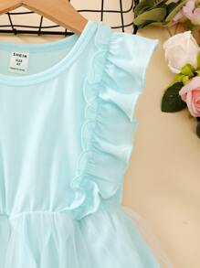 Niñitas Vestido con bordado floral panel con malla ribete con fruncido - Celeste - Ver 3