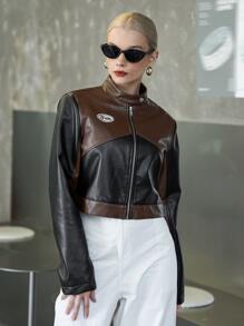 SHEIN 雙色補丁細節PU皮革拼塊拉鏈開襟短夾克 - 棕色 - 查看 1