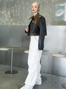 SHEIN 雙色補丁細節PU皮革拼塊拉鏈開襟短夾克 - 棕色 - 查看 5