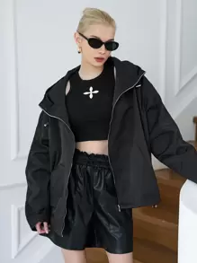 SHEIN Solid Zip Up Hooded Kangaroo Pocket Jacket - Black - View 1