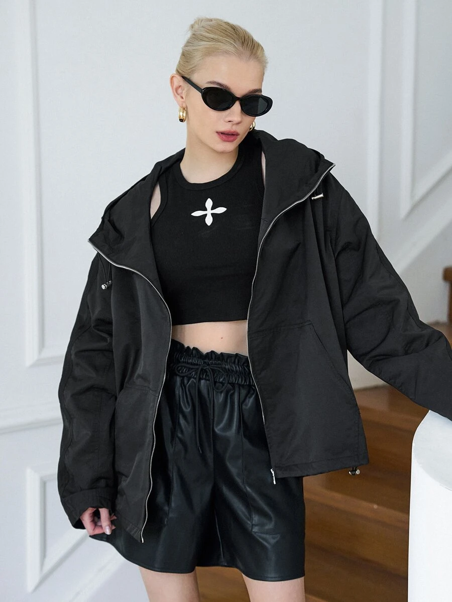 SHEIN Solid Zip Up Hooded Kangaroo Pocket Jacket - Black - View 1