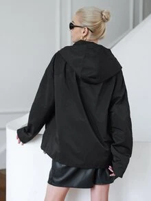 SHEIN Solid Zip Up Hooded Kangaroo Pocket Jacket - Black - View 2