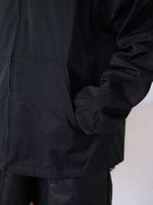 SHEIN Solid Zip Up Hooded Kangaroo Pocket Jacket - Black - View 3