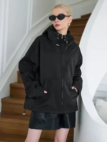 SHEIN Solid Zip Up Hooded Kangaroo Pocket Jacket - Black - View 4