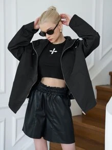 SHEIN Solid Zip Up Hooded Kangaroo Pocket Jacket - Black - View 5