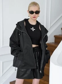 SHEIN Solid Zip Up Hooded Kangaroo Pocket Jacket - Black - View 6